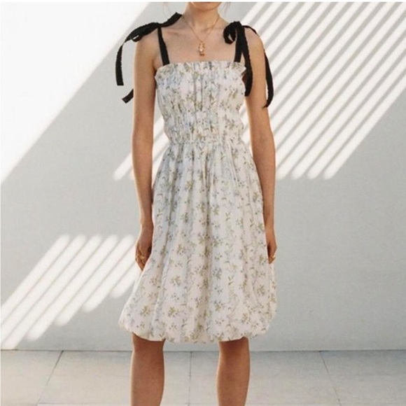 H&M X Brock Collection Tie Strap Smocked Floral Midi Dress NEW - Picture 3 of 12